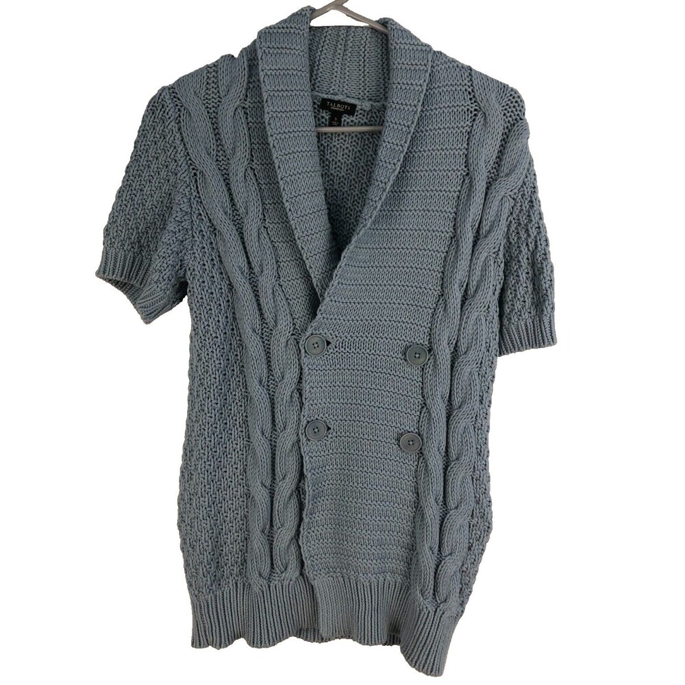 Talbots Short Sleeve Chunky Cable Knit Cardigan Blue Size S Preppy 100% Cotton